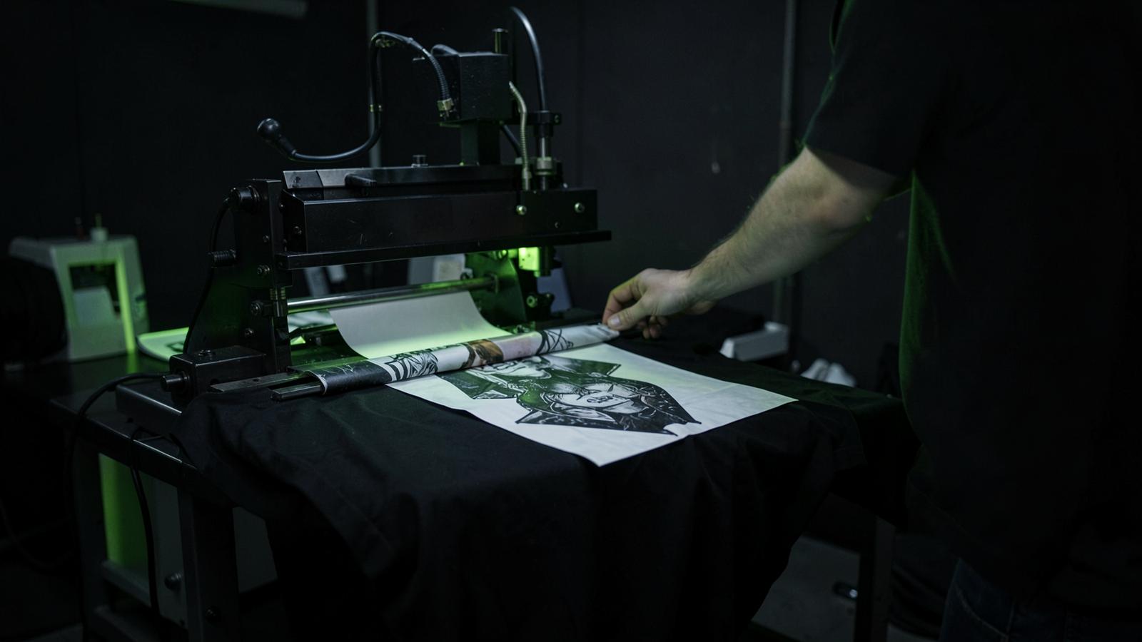 Transferpresse überträgt einen DTF Transfer auf ein dunkles Shirt